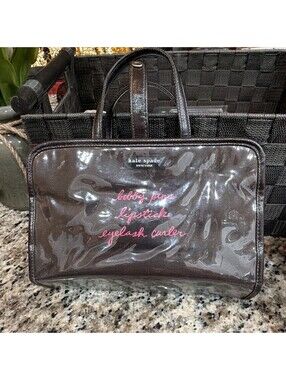 Kate Spade Clear Roll Up Hanging Makeup Travel Bag Pink Black Trim